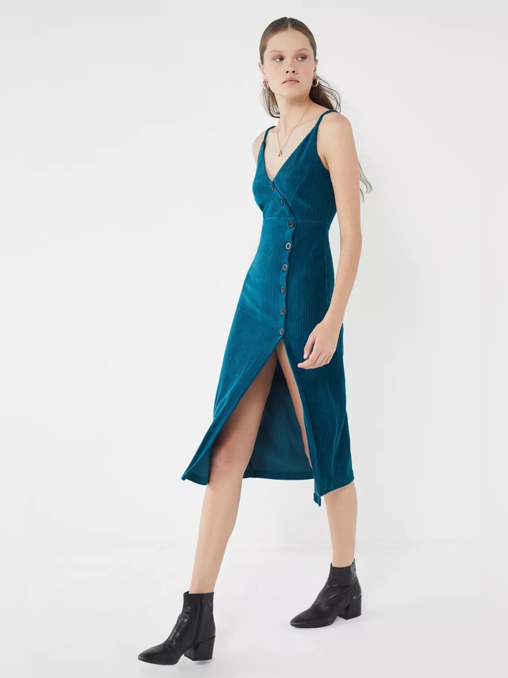 Urban Outfitters Cassie Ribbed Velvet Button-Front Dress
